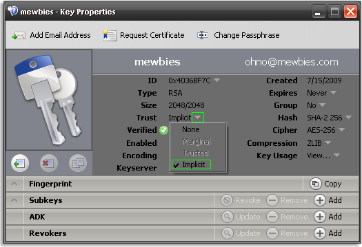 Set Trust to Implicit for Your Private Keys